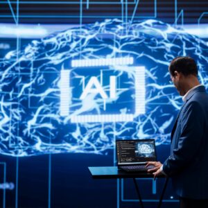 Programmer running AI cognitive computing tech on laptop