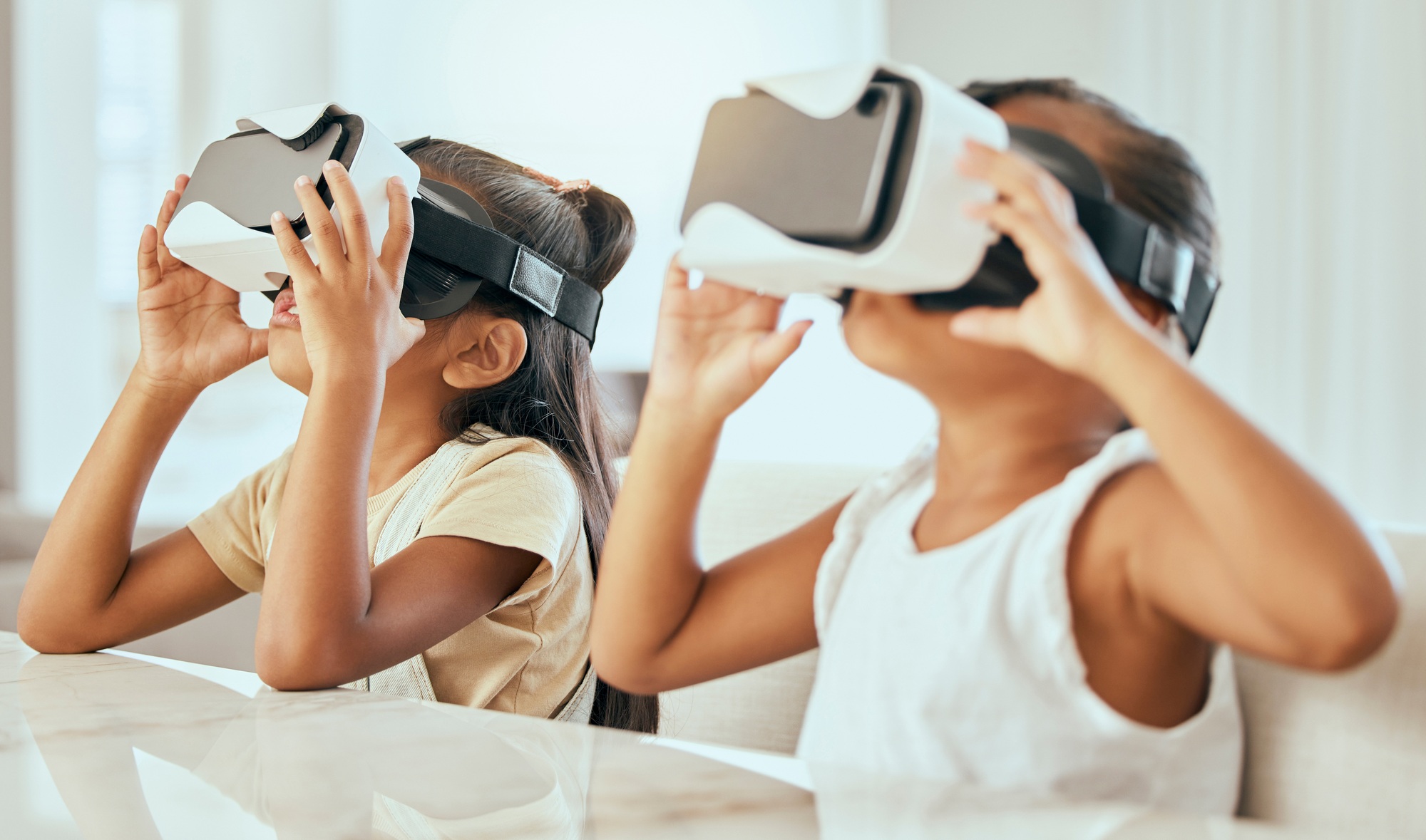 Virtual reality headset, gaming and children with online tech gamer devices at home. Kids, 3d ai so